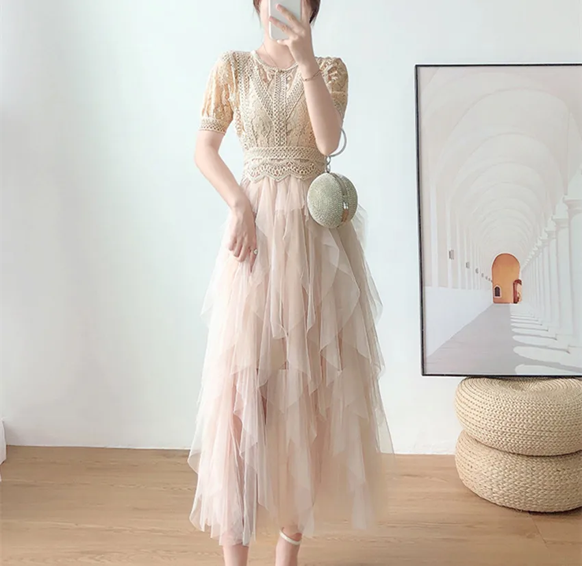 JSXDHK New Runway Designer Summer Dress Fashion women\'s manica corta in pizzo Patchwork Mesh Layers Ruffles Ball Gown abiti lunghi