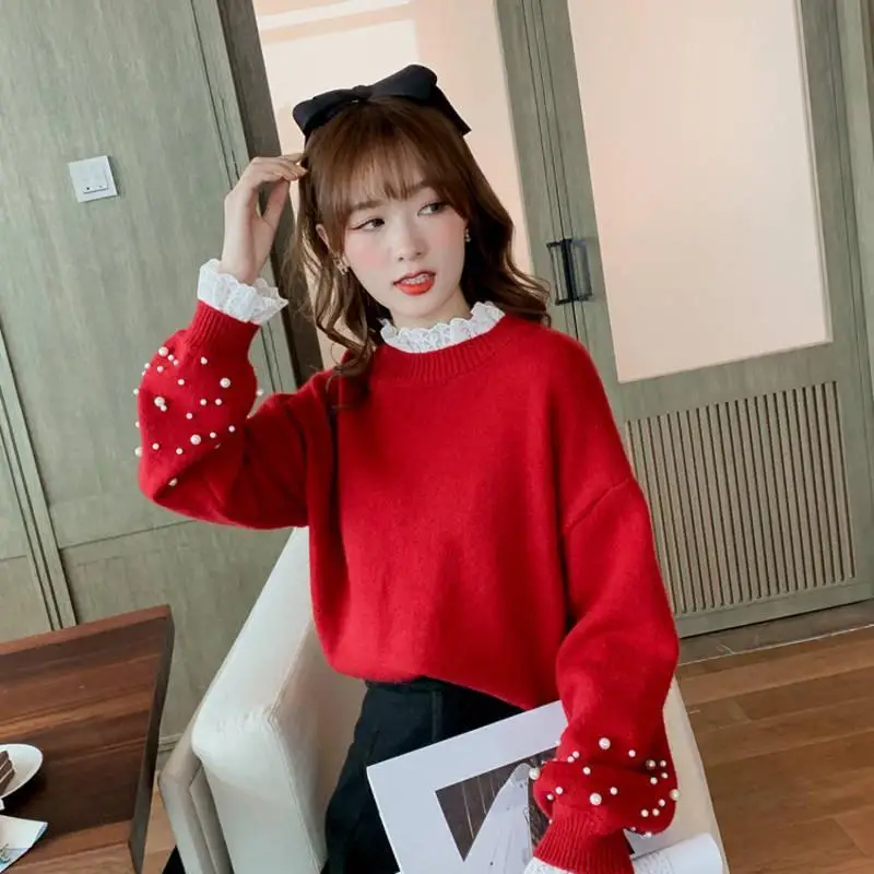 

Lace Petal Edge Diamond Sweater Women Fake Two-piece Hemp Loose Casual Knitted Sweaters Female 2023 Winter Turtle-neck Girl