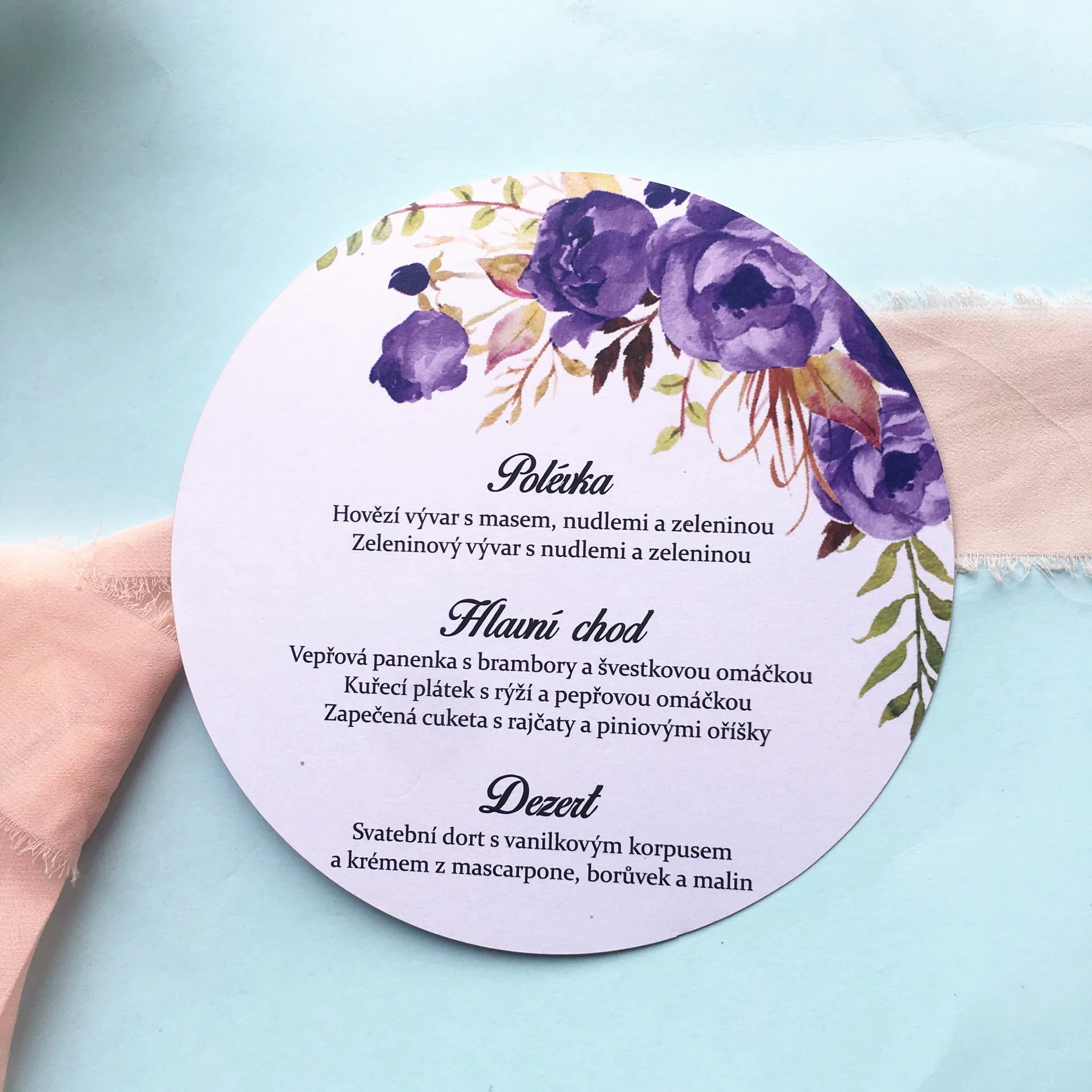 50pcs Hot Sell Beautiful Purple Rose Flower Fancy Round Paper Menu Card Wedding Invitation Cards with Custom Printing Design