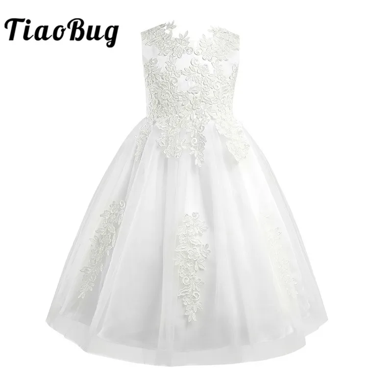 White/Ivory Sleeveless Tea Length First Communion Flower Girl Dresses for Kids Floral Lace Pageant Weddings Party Prom Gown