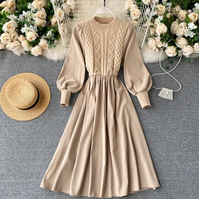 Elegant Solid Women Dress Fashion Korean Splice Knitted O Neck Puff Sleeve Dresses Autumn Streetwear A-line Dress 2020