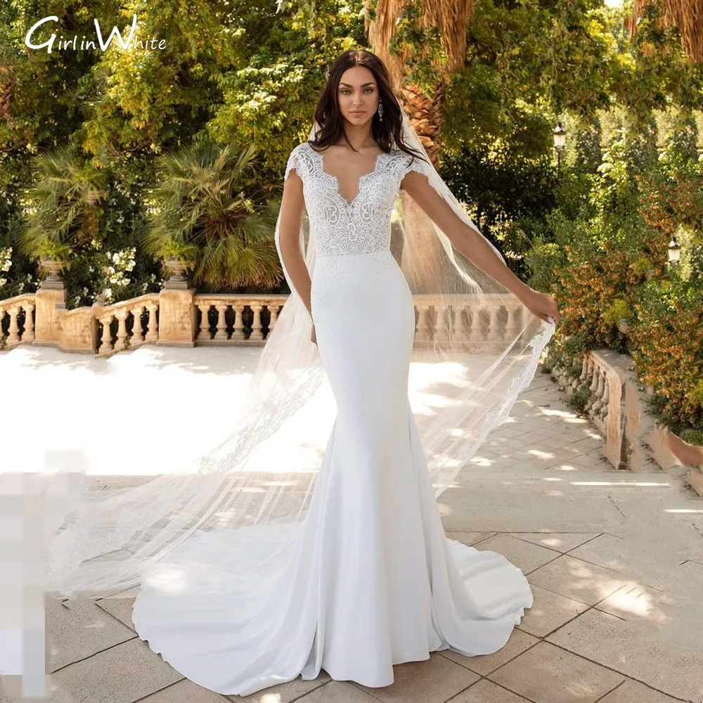 Moderne Satin Spitze Meerjungfrau Hochzeit Kleid Klassische V-ausschnitt Braut Roben Backless Gericht Zug Braut Kleider Vestido De Noiva