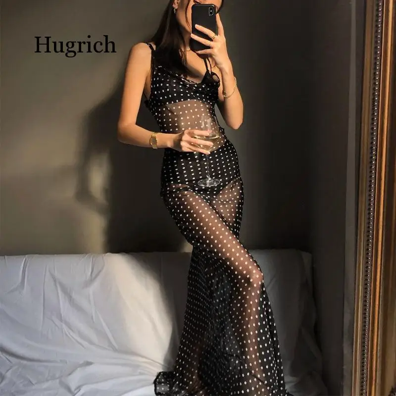 2021 Sleeveless Zip Up Bandage Point Print Mesh See-Through Maxi Dress Sexy Autumn Winter Women Party Club Clothings