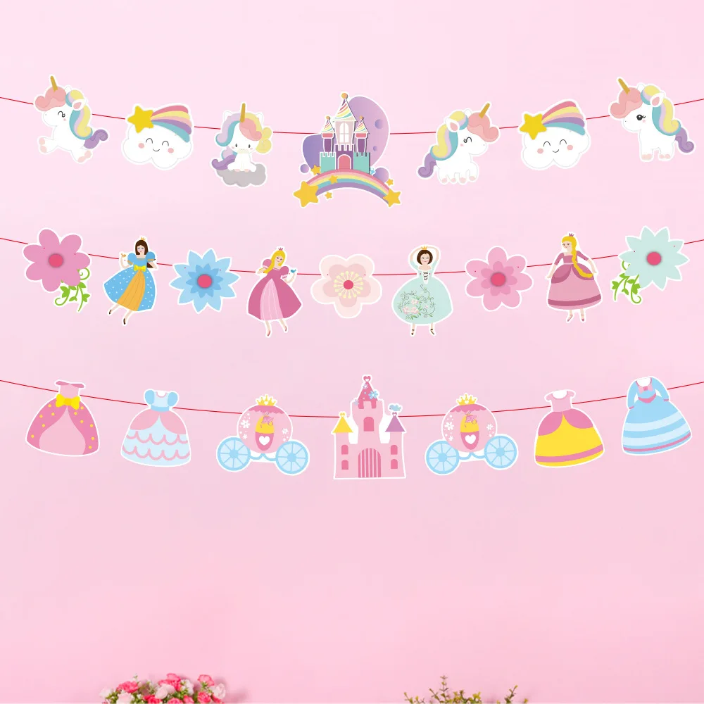 Unicorn Castle Dinosaur Princess Banner Wedding Decoration Children's Day Birthday Party Paper Banner Candy Bar Baby Shower