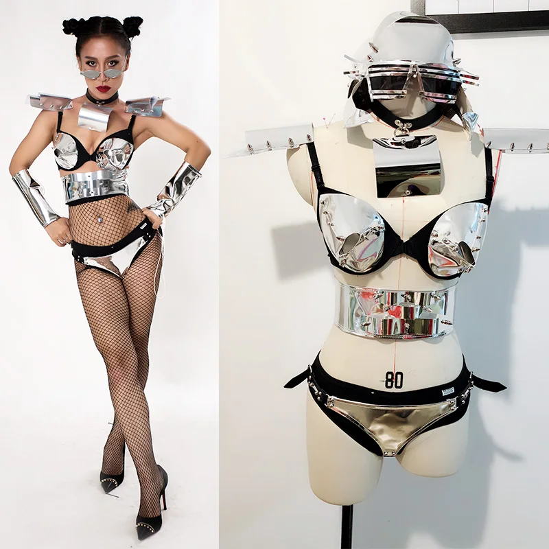 Miroir de spectacle sur scène argenté pour hommes et femmes, costume de guerrier de la technologie future, armure de danse gKnitting DS, fête énergétique gelbeta