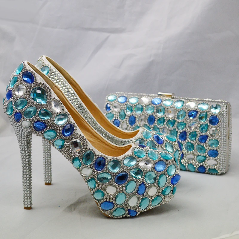 Love Moments Sea blue crystal Ladies wedding shoes with matching bags Galosh Para high heels platform shoes woman shoes and bags