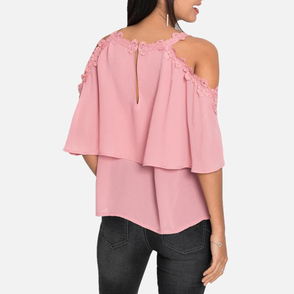 2020 New Pink Floral Spliced Casual Women Tops And Blouses Summer Sexy Solid O-Neck Off Shoulder Loose Three Colors Women Blouse