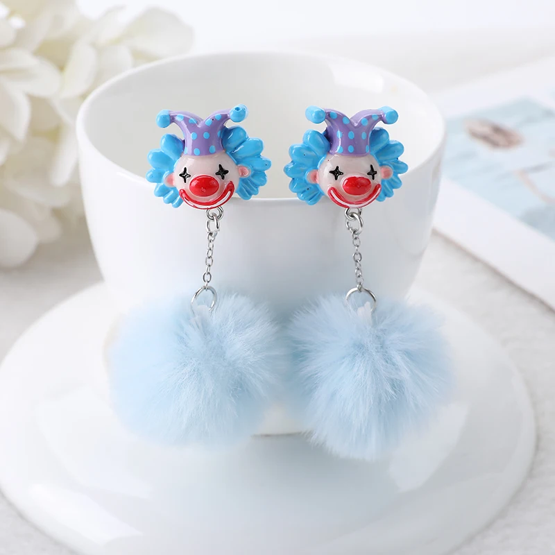 1Pair Cute Pompom  Stud Earrings Circus Clown  With Hair Bulb Charms  Fashion  Puffer Ball Style Jewelry