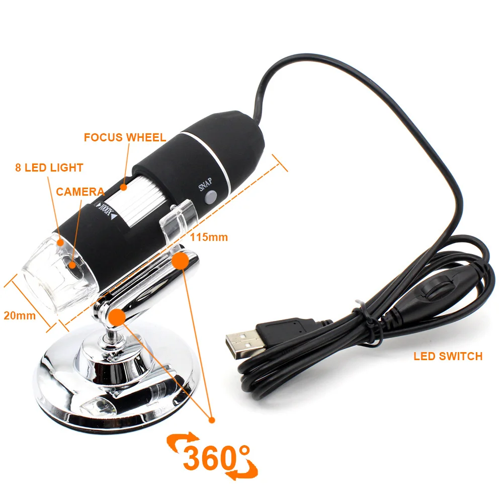 1000x / 1600x LED USB Microscopio digitale endoscopio fotocamera Microscopio per telefono cellulare riparazione capelli pelle moneta diamante