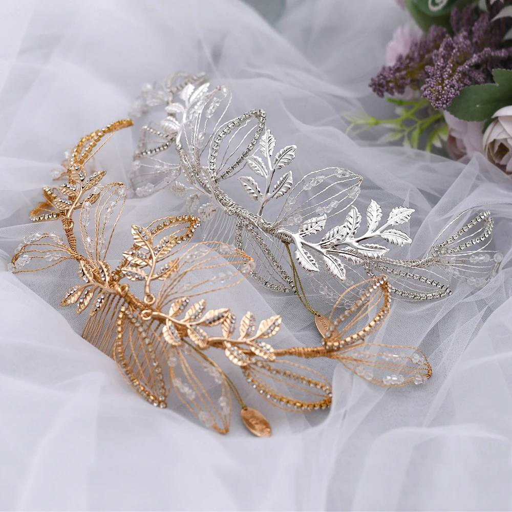 HP316 Wedding Hair Accessories Silver Gold Alloy Leaf Crystal Bride Headwear Girl Prom Tiara Bridesmaid Hair Ornaments with Comb