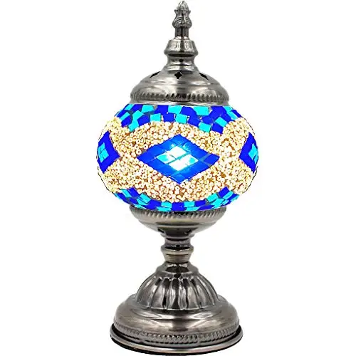 Silver Fever Handcrafted Mosaic Turkish Lamp Moroccan Glass Table Desk Bedside Light Bronze Base with E12 Bulb (Blue Ornament)