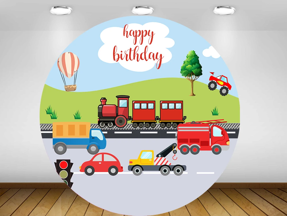 Fondo circular con tema de transporte, telón de fondo redondo para fiesta de cumpleaños, evento, cubierta de mesa, tren, baby shower, YY490