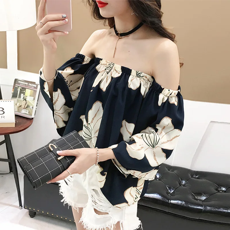 Blouse Chiffon Summer Top Women Off Shoulder Shirt Floral Korean Sexy Womens Tops and Blouses Camisas Mujer 2020 KJ1024