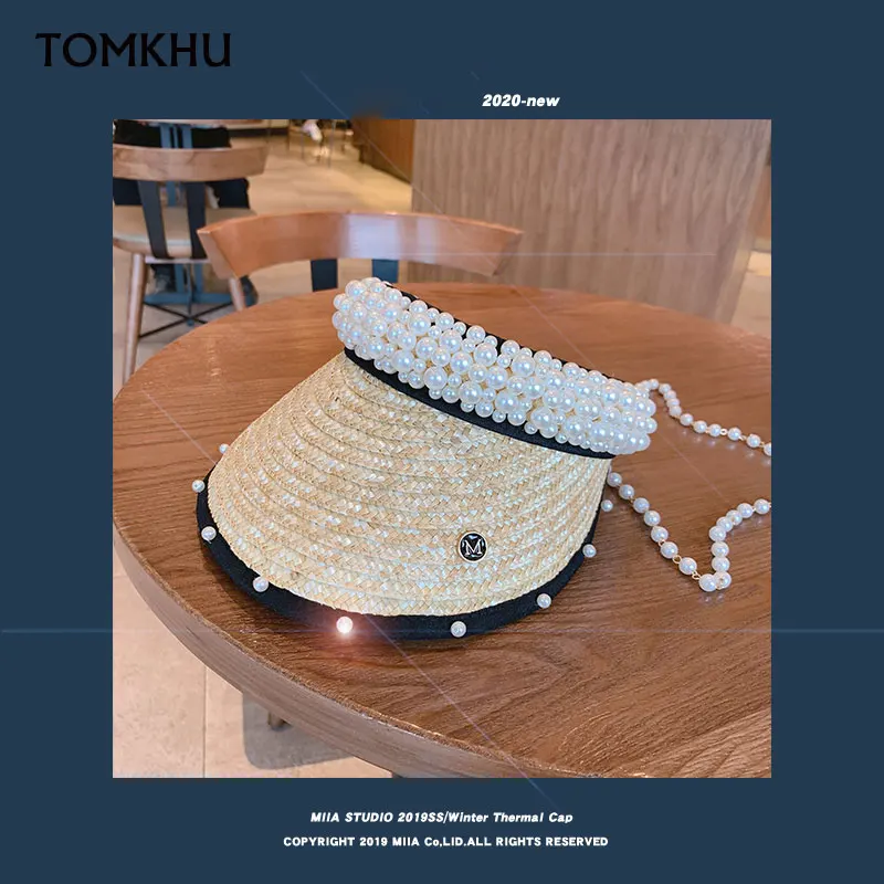 100% Handmade Customize Pearl Empty Top Visor Women Spring Summer New Design Straw Sun Hats Beach Caps for Female High Quality