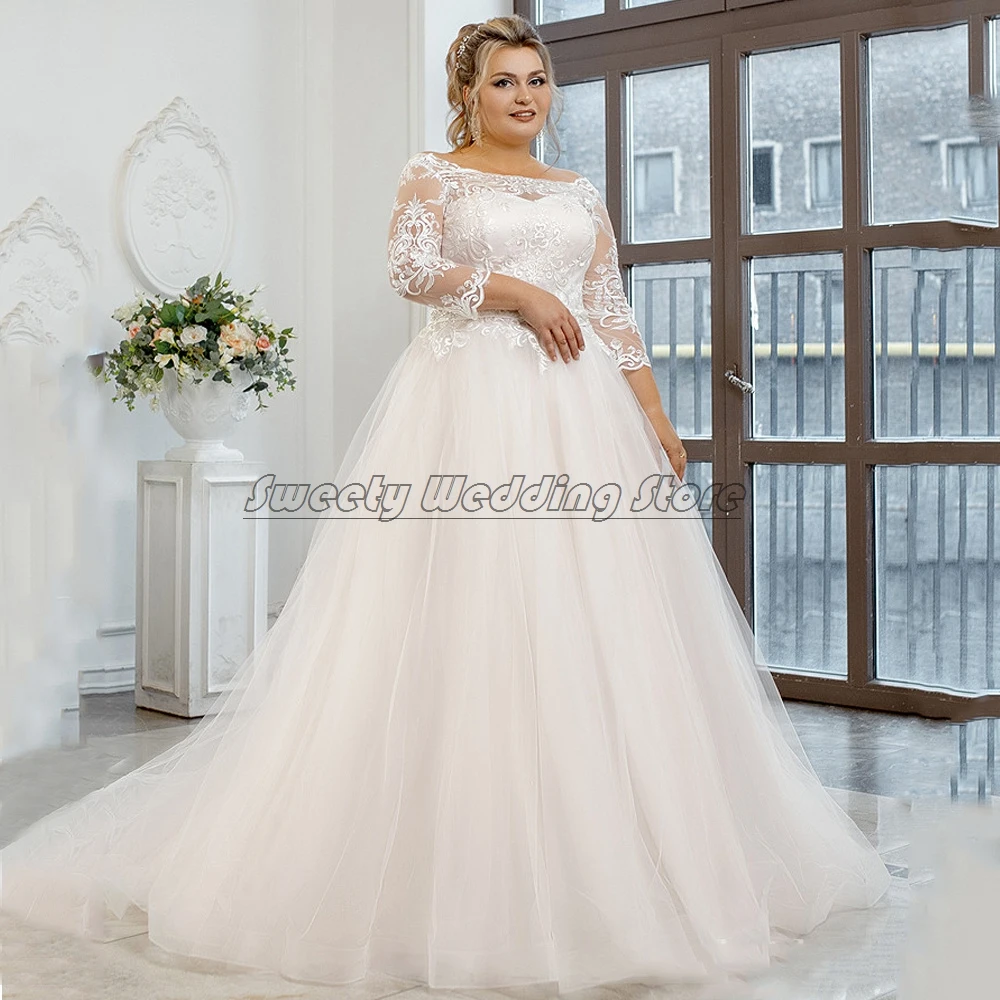 Vintage Plus Size Wedding Dress for Bride Eleagnt Scoop Neck Long Sleeves Lace Beading Sashes Tulle Ball Gown Bridal Dresses