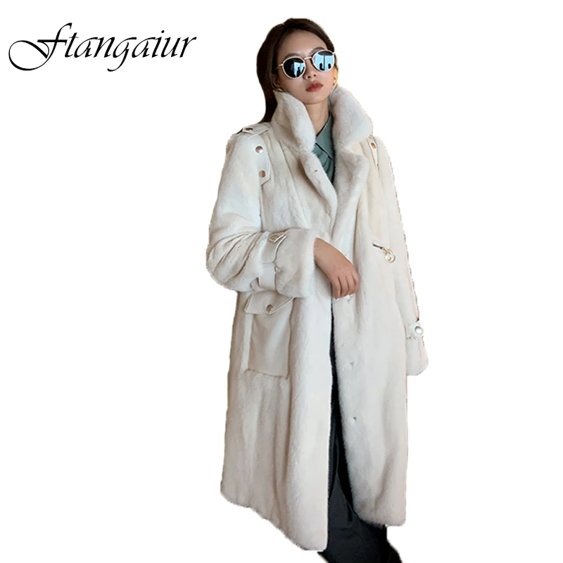 

Ftangaiur Winter Import Purple standard Velvet Mink Fur Coat Women Turn-Down Collar Long Slim Natural Real Mink Fur Coats