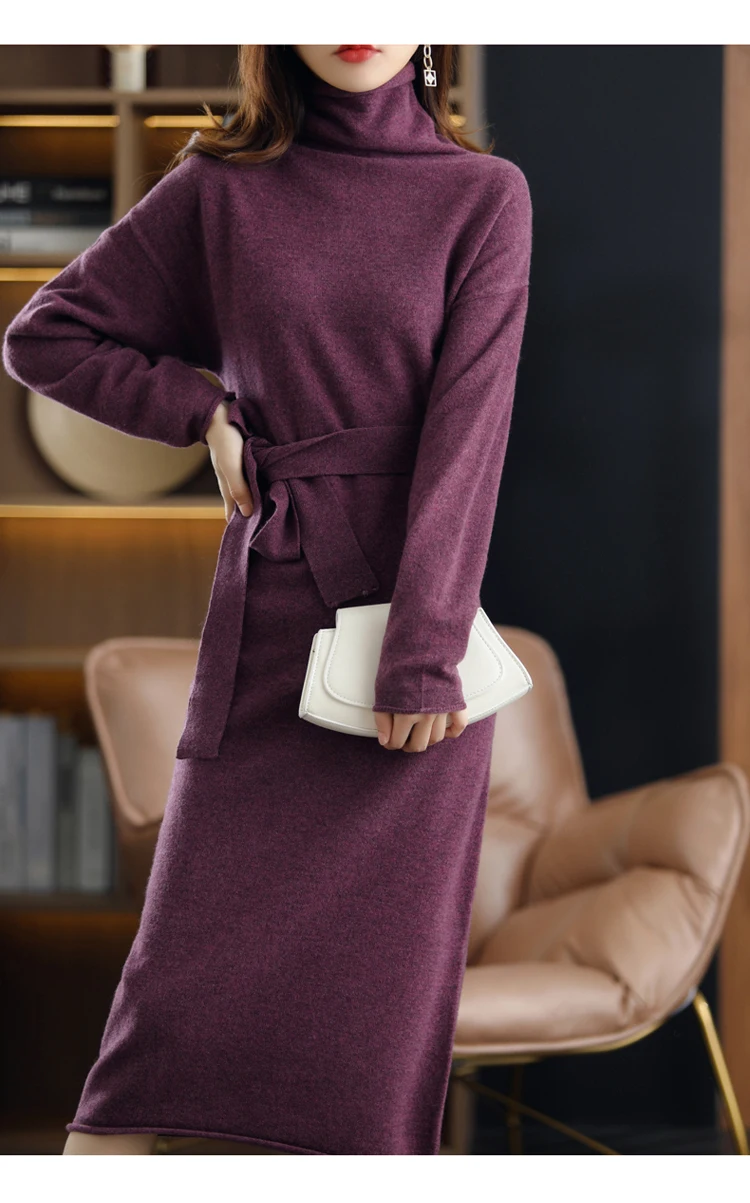 26 The New Pullover 100% Wool Ladies Dress Solid Color Long-Sleeved Knitted Fashion Slim Long High-Neck Cashmere Dress Sweate
