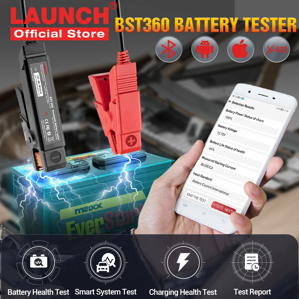 LAUNCH BST360 Car Battery tester Analysis 6V12V 2000CCA Voltage Battery Test Clip Charging Load tool for Android IOS X431