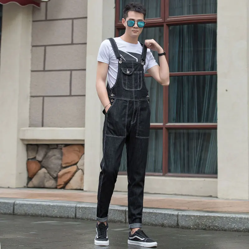 New Jeans Men Overalls Bib Denim Jumpsuits Slim Straight Fashion Pocket Workwear Cargo Pants Black Trousers Large Size 28-42