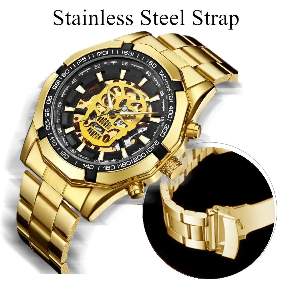 NEW WINNER Fashion Mechanical Watch Men Skull Design Top Brand Luxury Golden Stainless Steel Strap Skeleton Man Auto Wrist Watch