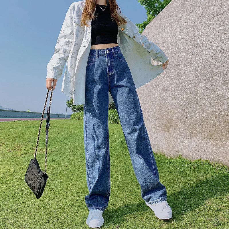 

Loose Straight-leg woman Jeans High Waist Thin Long Wide-leg Pants, Blue Retro Fashion Street Jeans, Stretch Oversized Jeans