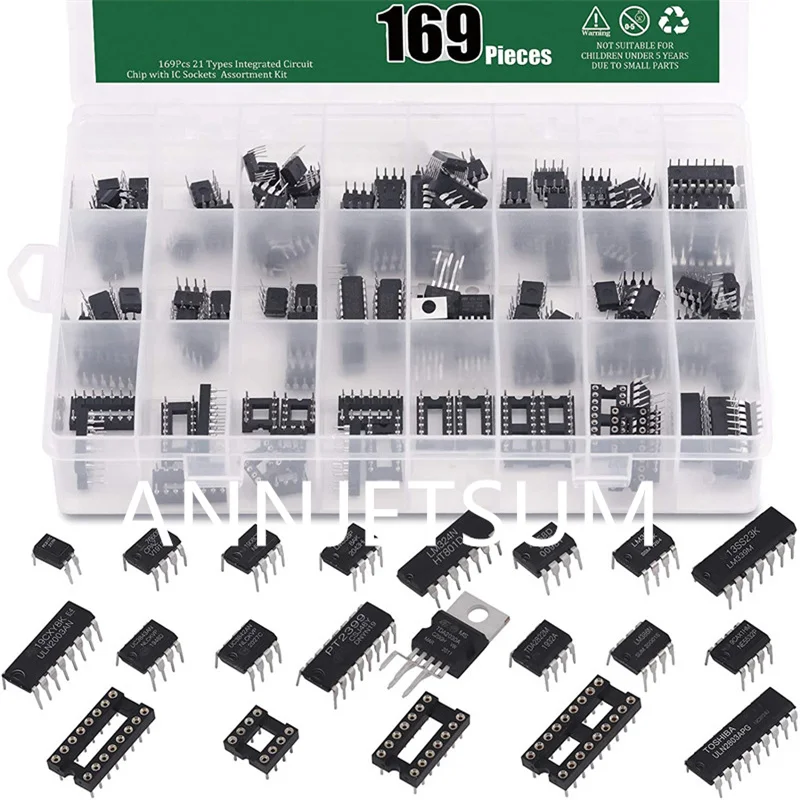 169Pcs 21 Values Integrated Circuit Chip Assortment Kit, 2.54mm IC Sockets 8 14 16 18 Pins, LM324 LM358 LM386 LM393 LM339 NE5532