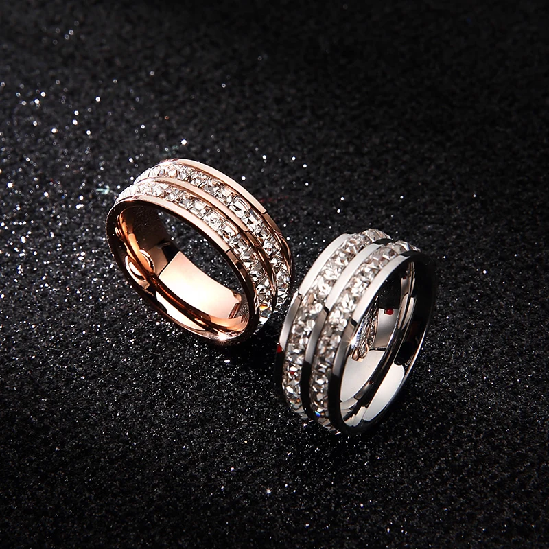 Doulbe Rows Zircon Ring for Woman Man Full of Stars Rose Gold Color 18KGP Stainless Steel Jewelry Gift (GR209)