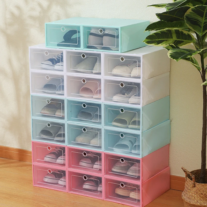 6pcs Fold Plastic Shoe Boxes Storage Box Shoes Box Thickened Dustproof Shoe Organizer Box Superimposed Combination Shoe Cabinet