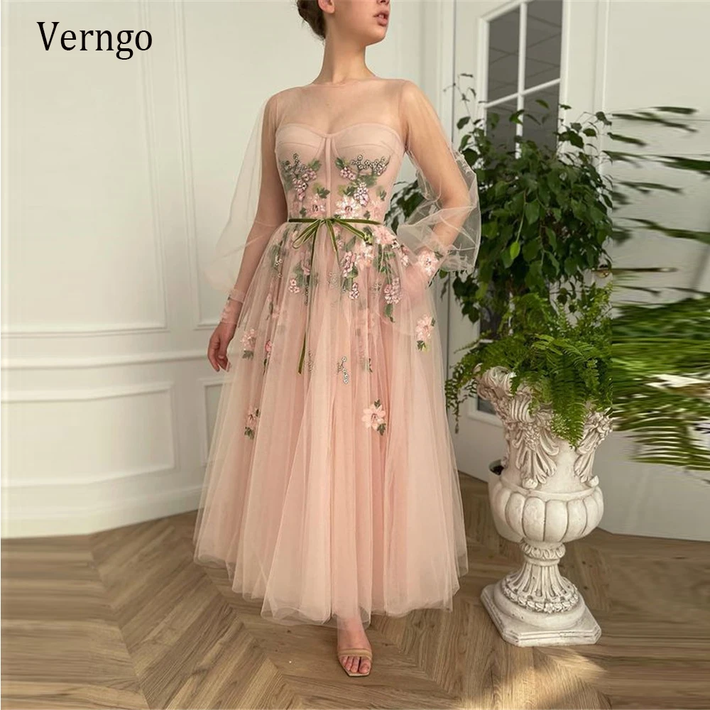 

Verngo 2021 New Design Blush Pink Tulle Evening Party Dresses Puff Long Sleeves 3D Flowers Ankle Length Prom Gowns With Pockets