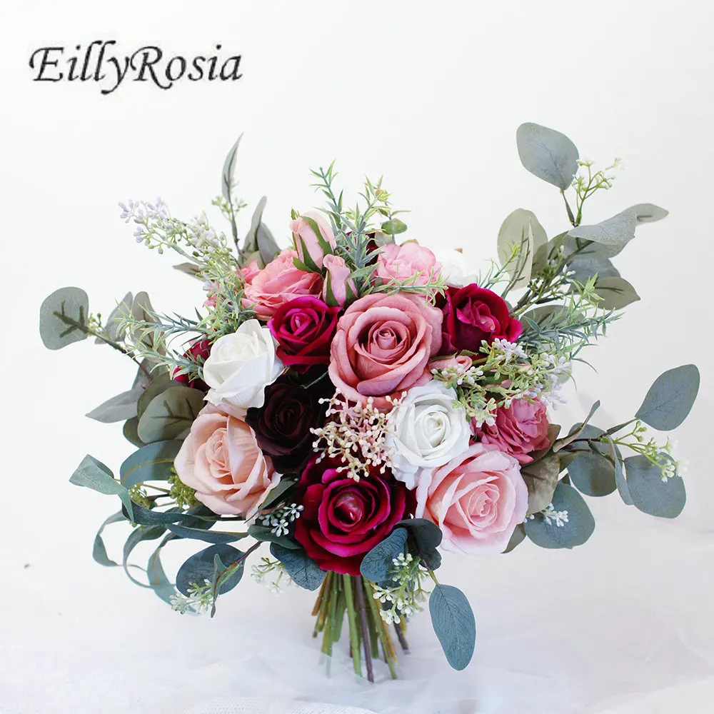 

EillyRosia Elegant Bridal Bouquet Wedding Flowers Dark Red Pink Romantic Natural Country Wedding Decoration Flowers for Home New