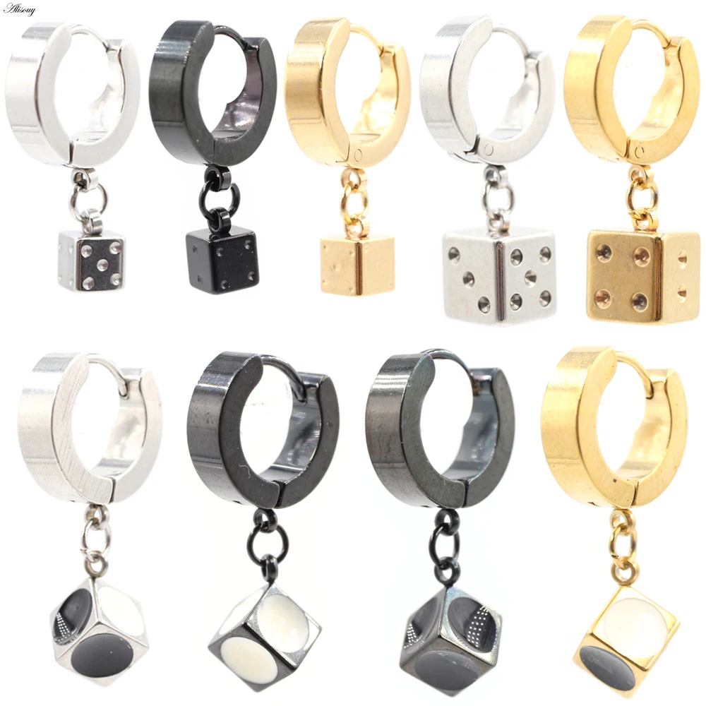 Alisouy 2pcs Punk Stainless Steel Stud Huggie Hoop Earrings for Women Men Cube Square Dice Dangle Earrings Hiphop Goth Earrings