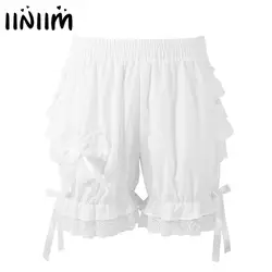 Womens Vintage Victorian Pumpkin Shorts Gothic Pantaloons Costume Elastic Waist Layered Ruffle Lace Trim Loose Bloomers Shorts