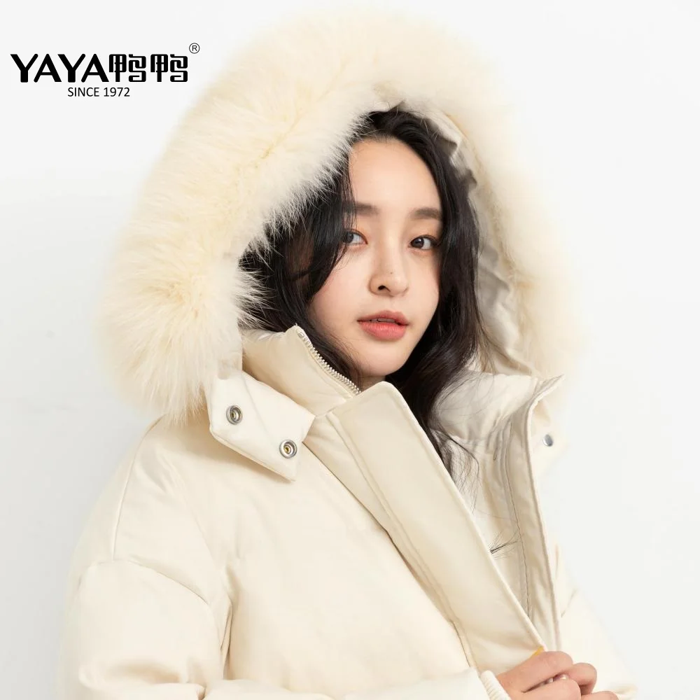 

YAYA 2021 Women's Winter 90% White Duck Down Jacket Thick Real Fur Collar Short Puffy Warm Overcoat Hood Windbreak Outerwear