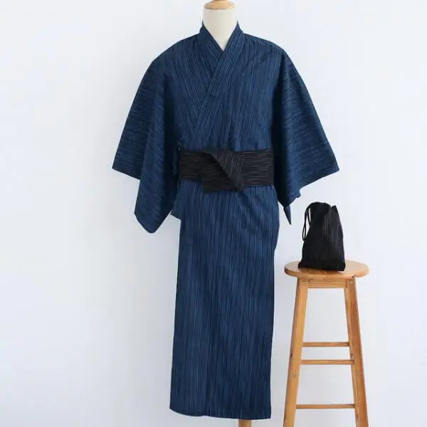 

Japanese Kimono Men Traditional Cotton Robe Long Spring Daily Vintage Blue Stripe Include Belt Festival