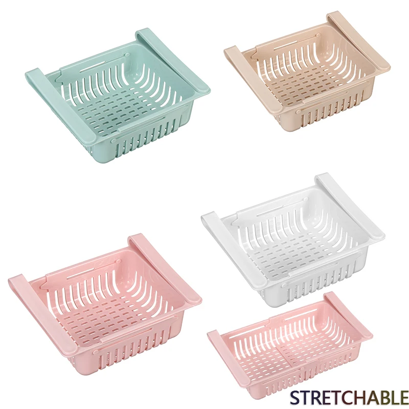 

Adjustable and Stretchable Fridge Organizer Basket, Refrigerator Pull-Out Drawers Fresh Spacer Layer, Storage Rack