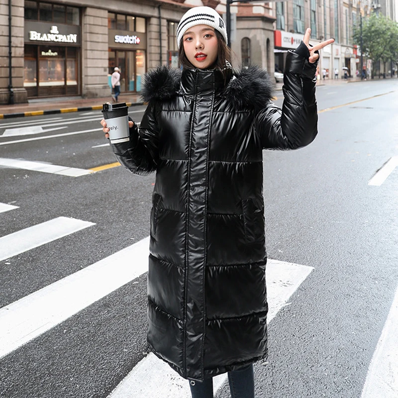 Fur Collar X-long Winter Jacket Women Solid Hooded Korean Style Parkas Female Plus Size Hooded With Epaulet Shiny Thick Outwear