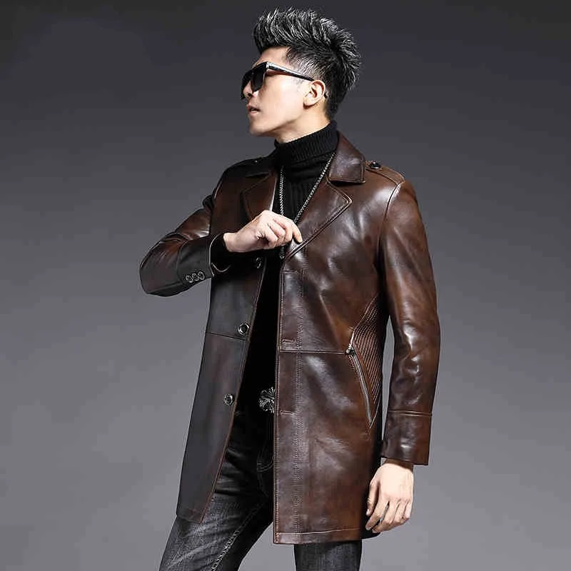 Brand Genuine Leather Medium Long Jacket Men Vintage Lapel Sheepskin Coat Business Single Breasted Casual Windbreakers Plus Size