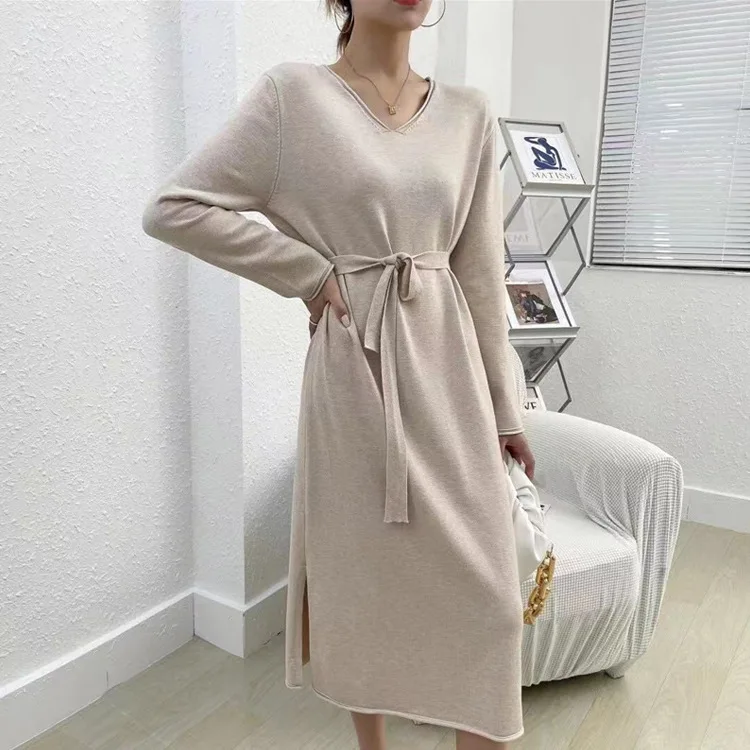 

Korean New Sweater Dress Women Jumper Dress 2022 Thick Solid Woman Winter Knitted Warm Pollover Casual Belt High Waist Knitwear