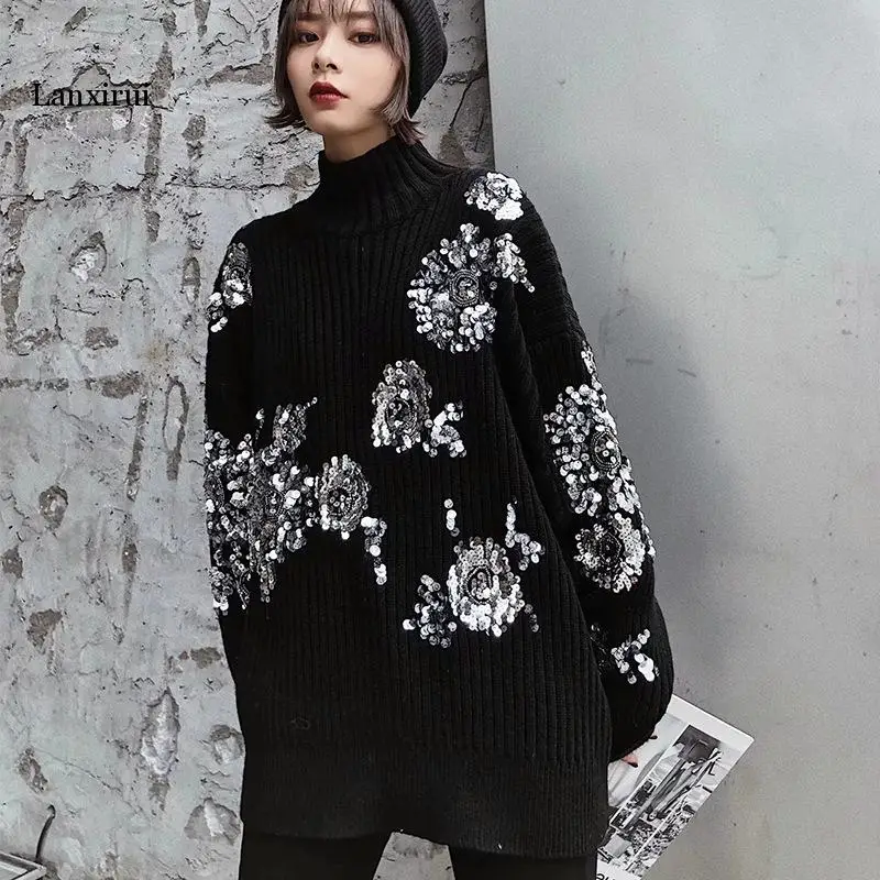 Women Fashion Beading Sequins Loose Knitted Sweaters Vintage High Collar Long Sleeve Female Pullovers Chic Tops