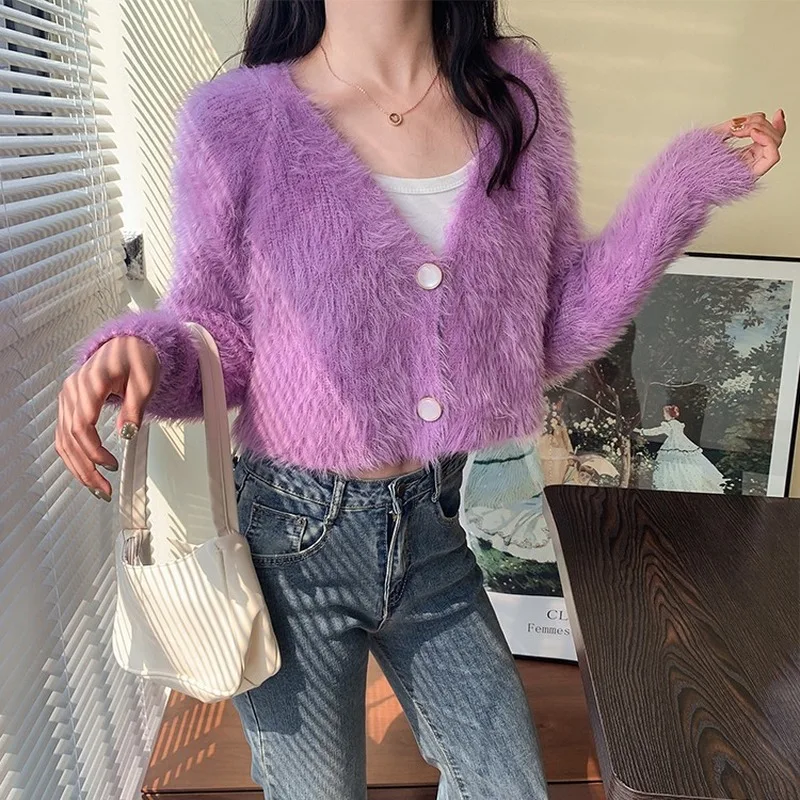 

New Sweet Sweater Cardigan Mohair Short Top Coat Short Sweater V Neck Knitted Women Top White Spring and Autumn Cardigan