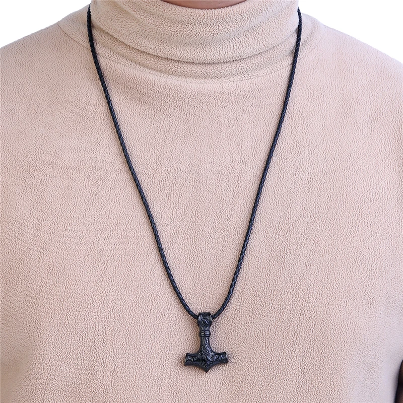 Punk Edelstahl Nordische Wikinger Amulett Anhänger Kette Odins Goldfarbener Thors Hammer Halsketten Herren Ethno-Schmuck Geschenke – Detail 10
