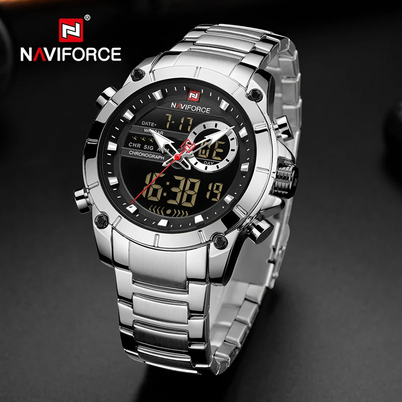 NAVIFORCE Male Watches Casual Dual Display Sport High Quality Stainless Steel Wristwatches Men's Waterproof Clock Reloj Hombre