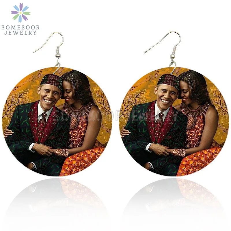 SOMESOOR Printed American President Couple Wooden Drop Earrings First Lady Michelle Black Hero Leader Obama Arts For Women Gift