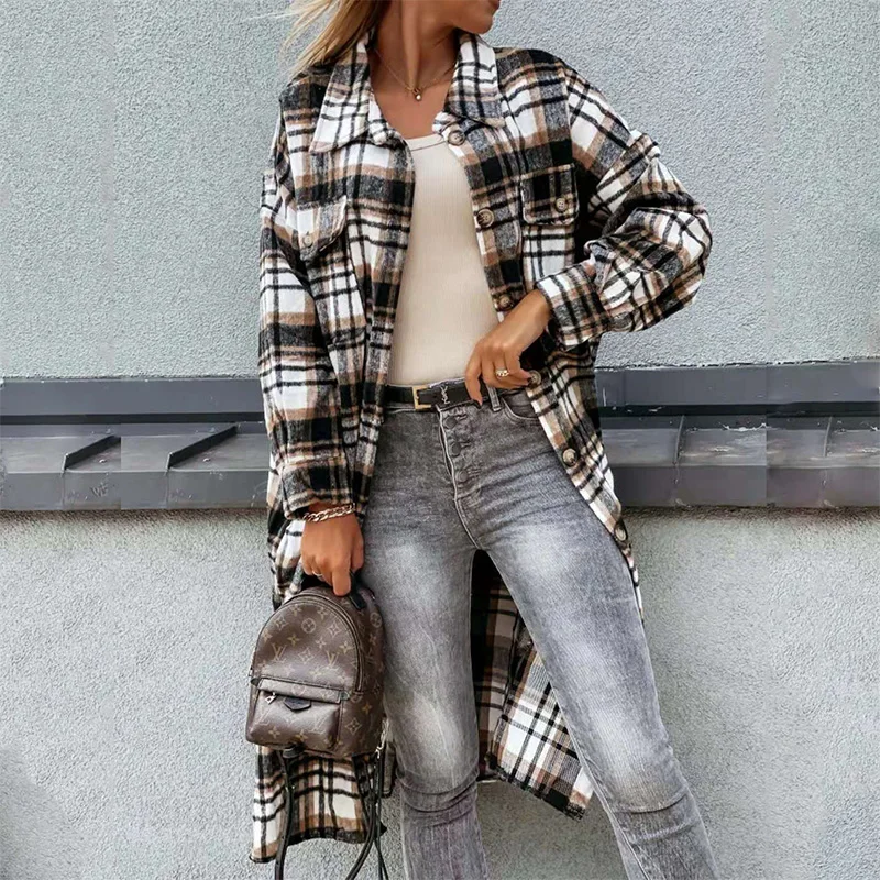 Autumn Plaid Jacket Women European American Overshirt Long Checkered Shirt Jacket Fashion Single-Breasted Plaid Shirt Cardigan