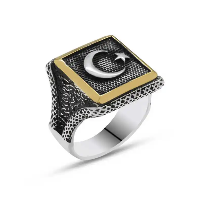 Silver Turkish Flag Moon Star Men's Ring - 925 Sterling Men's Jewelry Wedding Birthday Gift - Box - - Men - Fashion - Botiva - Size - Turkish - Patterned Embroidery