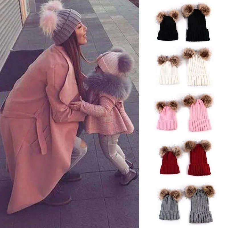 Dropshipping Winter Double Plush Ball Cap Hat for Women Baby Girls Knitted Beanies Cap Hat Thick Female Autumn Gorro New