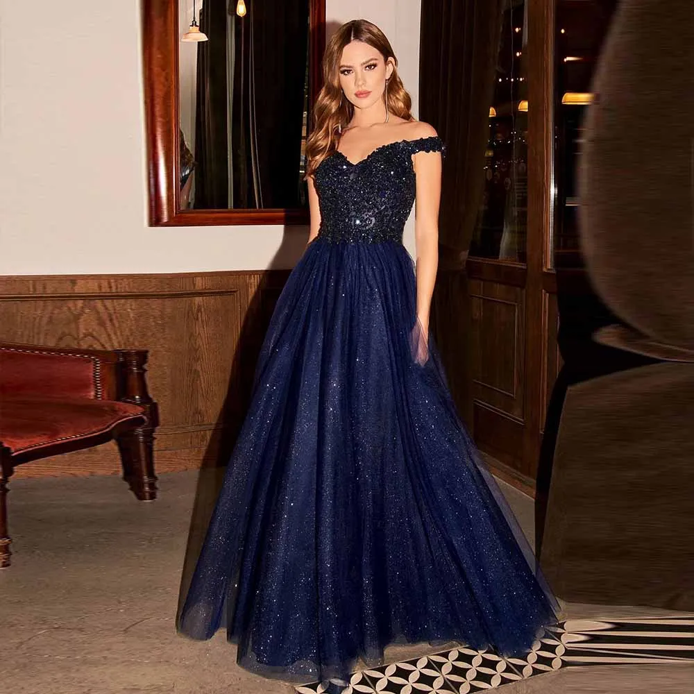 Sexy Off Shoulder Long Prom Dresses Navy Beaded Appliques Tulle Lace-Up Women Party Gown Elegant