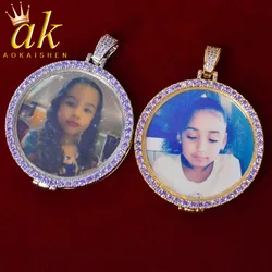 Aokaishen Custom Photo Necklace for Men Picture Memory Medallions Pendant Purple Cubic Zircon Hip Hop Rock Jewelry 2022 Trend
