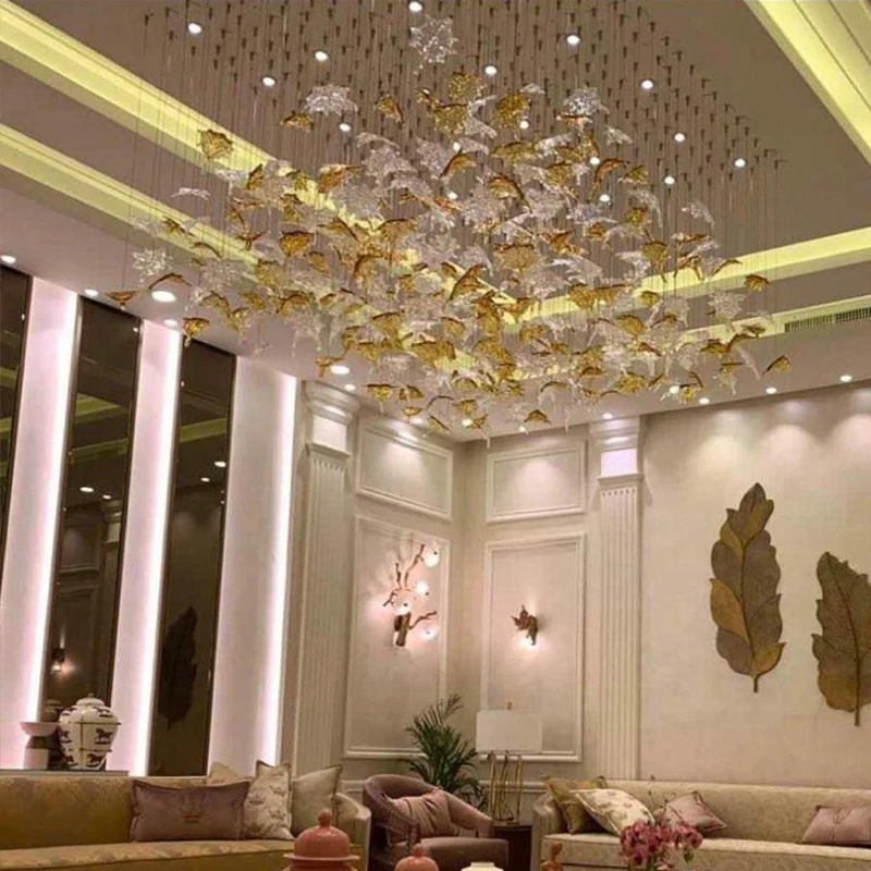 

Murano Glass Maple Leaf Chandelier Lamps Art High Ceiling Light Large Lobby Hotel Restaurant Hanging Pendant