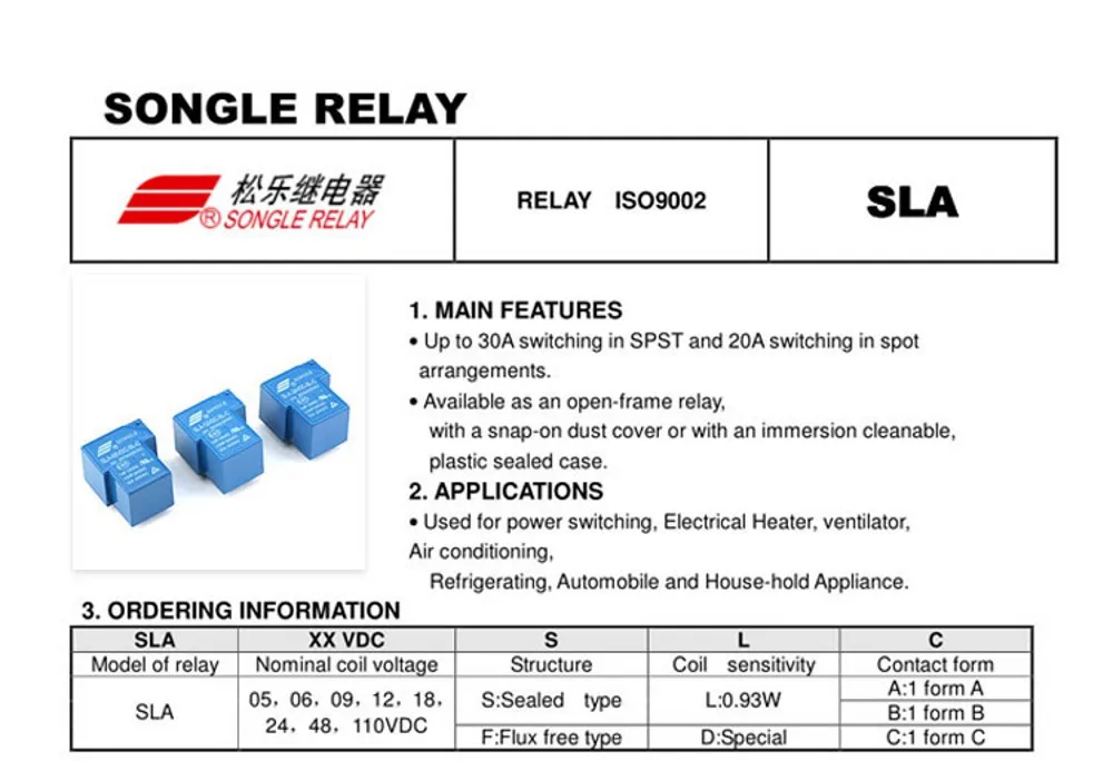 10 Stück Leistungsrelais SLA-05VDC-SL-C 5V 30A 6PIN Songle Relais T90 neu und original – Detail 1